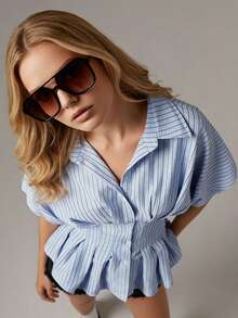 Women's Striped Peplum Blouse Button Down Collared Short Puff Sleeve Cinched Waist Shirt For Casual - 藍色 - 查看 4