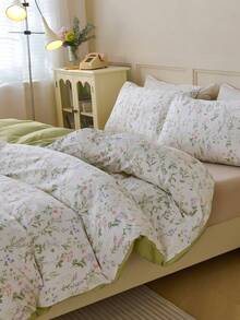 2/3件套100%纯棉抹茶绿复古花卉图案印花被套组（不含枕芯），透气超柔软，四季皆宜（1件被套+1/2件枕套，不含枕芯），柔软双色设计，卧室/客房适用，情人节特惠。 - 綠色 - 查看 4