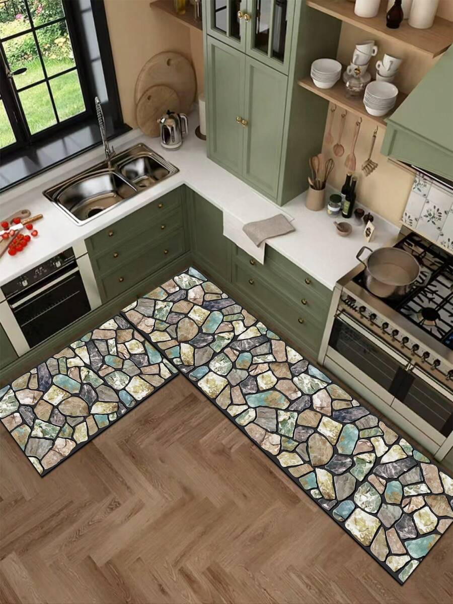 1pc Silica Gel Kitchen Mat, Asymmetrical Beige, Gray, Mint Green Pebble Pattern Design, Natural Rustic Style, Surface Fabric, Middle Sponge Absorbent, Bottom Rubber Non-Slip, Easy To Clean Kitchen Rug - Multicolor - View 1