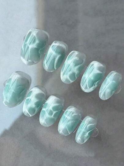 10 móng tay giả thủ công, thiết kế mắt mèo trong suốt tối giản cao cấp, hình bầu dục ngắn, vân ngọc bích, phù hợp cho đi làm hàng ngày, hẹn hò, các dịp xã giao nhẹ nhàng, có thể tháo rời và tái sử dụng, món quà tuyệt vời cho phụ nữ, phù hợp cho các kỳ nghỉ hoặc sử dụng hàng ngày.