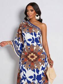 Rochie de damă cu imprimeu de pădure tropicală și tiv cu franjuri, potrivită pentru naveta zilnică și vacanțe casual. Această nouă rochie de primăvară/vară cu imprimeu prezintă un stil casual elegant. - Albastru - Vizualizare 7