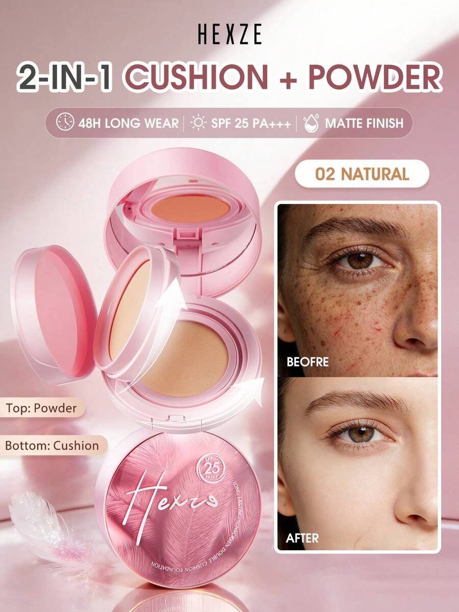 二合一气垫粉底 SPF25 哑光妆效，轻盈透气，高遮瑕，质地柔滑，防水，02 自然色号，13克气垫粉 + 6.5克散粉 - 02 Natural - 查看 1