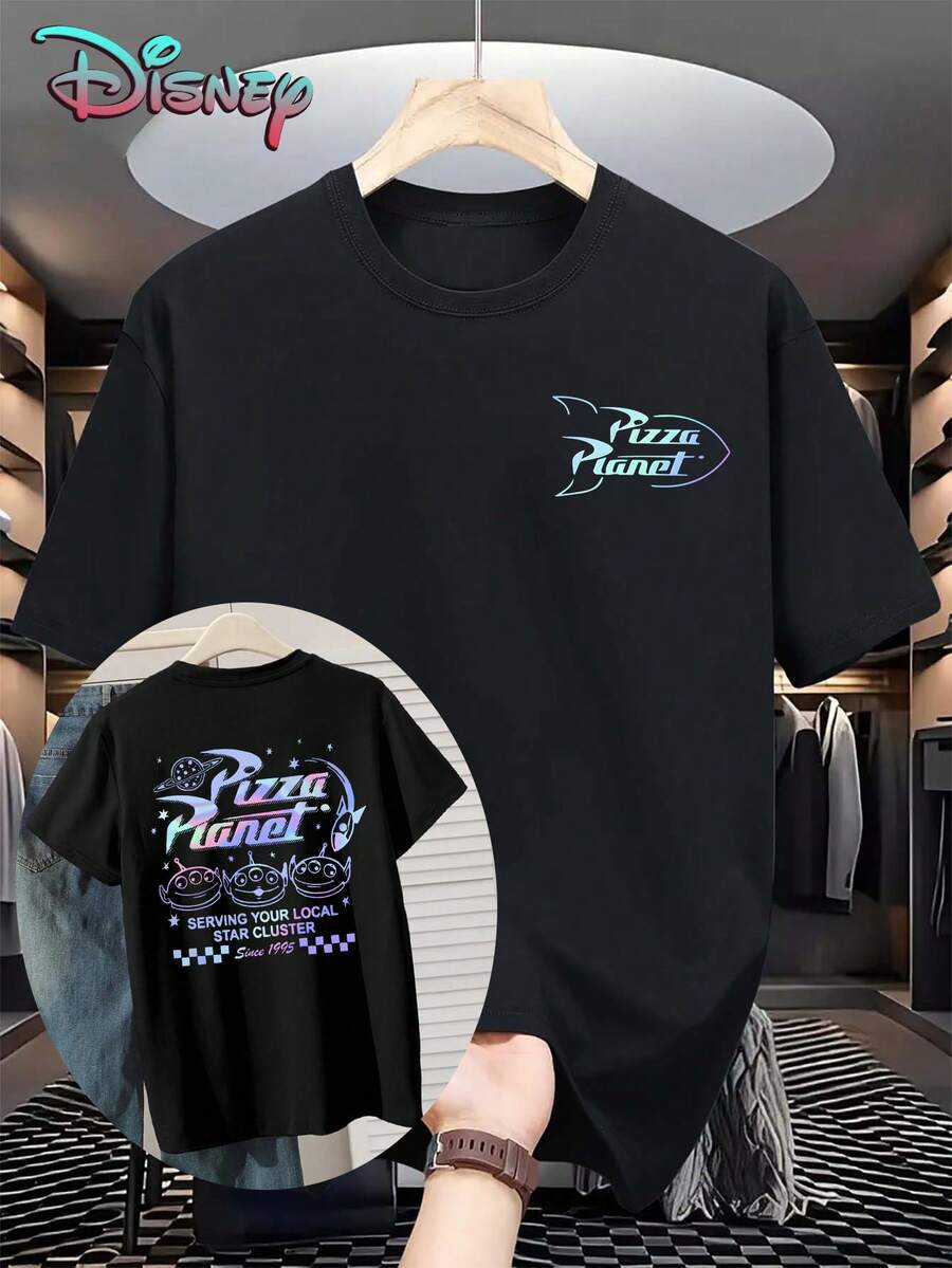 Women's Casual Disney Pixar Toy Story Pizza Planet Graphic Print Short Sleeve T-Shirt; Black Cotton Round Neck Tee For Everyday Wear - Black - View 1