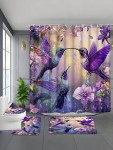 1/4件套紫色翠鸟图案防水浴帘套装，加厚涤纶防霉浴室帘，含12个挂钩、防滑垫、U型垫和圆形马桶盖套 - A - 查看 2