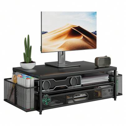 EZIFY Multi-Purpose Laptop Monitor Stand - Black Metal Desk Organizer With Drawer & 2 Pen Holders For Office