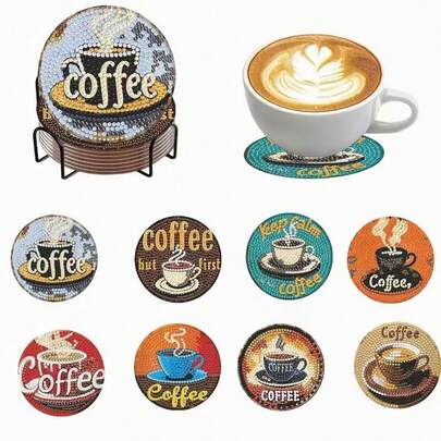 New DIY Diamond Painting Set, Fully Rhinestoned Coaster Decor 8pcs, Christmas Theme