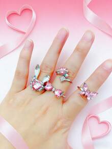 10枚/套 优雅时尚粉色水钻戒指，蝴蝶和心形，浪漫约会/情人节礼物，日常佩戴饰品 - 粉色 - 查看 4
