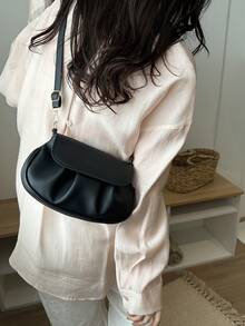 Tas Bahu PU Minimalis Warna Polos Modis dengan Lipatan, Tas Selempang Portabel, Cocok untuk Wanita Berbelanja, Bekerja, Kencan, dan Penggunaan Sehari-hari - Hitam - View 6
