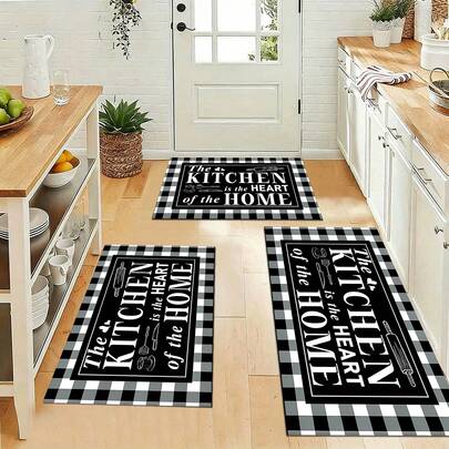 3pcs Set Of,Black & White Checkered "Kitchen Is The Heart" Kitchen Mat, Anti-Skid Water Absorbent Floor Rug,Non-Slip, Absorbent, Washable Polyester ,Kitchen And Laundry Area, Laundry Room | Decorative Floor | Absorbent, Laundry Room Decor,Suitable For Bathroom, Shower, Laundry Room, Bedroom, Living Room, Door Mat, Kitchen Mat