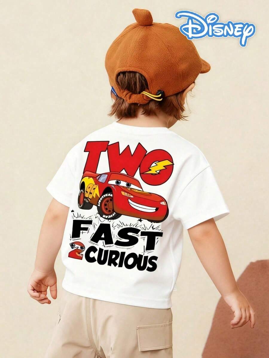 Disney Racing Style Lightning McQueen Tee, 2nd Birthday Theme Print Boys Casual Versatile Short Sleeve Top - 白色 - 查看 1