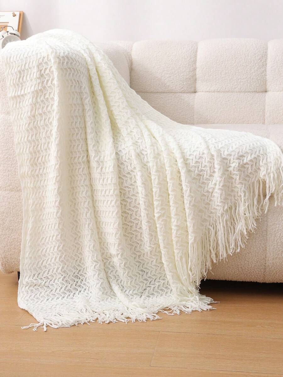 1pc Solid Color Knitted Blanket, Nordic Style Tassel Design Soft Throw Blanket, Suitable For Office Nap, Bed, Sofa, Daily Use - White Seashell Scarf - View 1