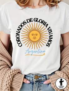Single Pack Women'S Argentina National Team Graphic T-Shirt - Soft Breathable Blend, Lightweight Short Sleeve Crew Neck With Sun & Flag Print, Unisex Casual S Top For Soccer Fans, Spring Summer Fall Apparel, Machine Washable Regular Fit Tee,Easter Outfits For Women,Mother's Day Gift Outfits,World Cup Clothing,Soccer Party Outfit,Game Day Outfit,Unisex USA Soccer Oversized T-Shirt,Summer Outfits For Women. - 白色 - 查看 2