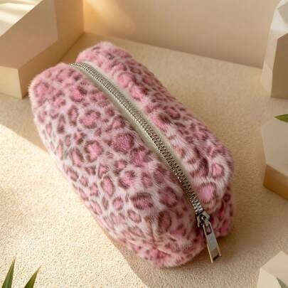 Leopard Print Octagonal Plush Cosmetic Bag, Unisex Skincare Product Storage Pouch, Large Capacity Portable Soft Plush Travel Makeup Case, Compact Pencil Case, Plush Pencil Box, Large Capacity Student Pencil Box, Makeup Brush Storage Bag, Fashion Accessory, Portable Zipper Cosmetic Bag