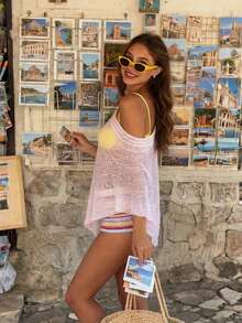 2026春夏新款女士宽松不对称肩披肩领蝙蝠袖针织上衣，不对称下摆设计，轻松营造梦幻浪漫氛围，展现纯粹柔美的女性气质，温柔优雅，慵懒梦幻的露肤魅力，适合浪漫约会、情人节、音乐节、时尚派对、生日派对、海滩度假、海边漫步、泳装罩衫，简约时尚，街头风。白色 - 白色 - 查看 4