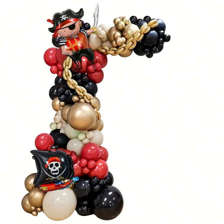 126 piezas Conjunto de guirnalda de globos con tema de piratas, incluye globos rojos, negros, dorados, beige y blancos con globos de barco pirata de lámina. Adecuado para baile de máscaras, fiesta de cumpleaños, decoración con tema de piratas, despedida de soltero, baby shower y decoración de fiesta de cumpleaños de niño. - Añade 4