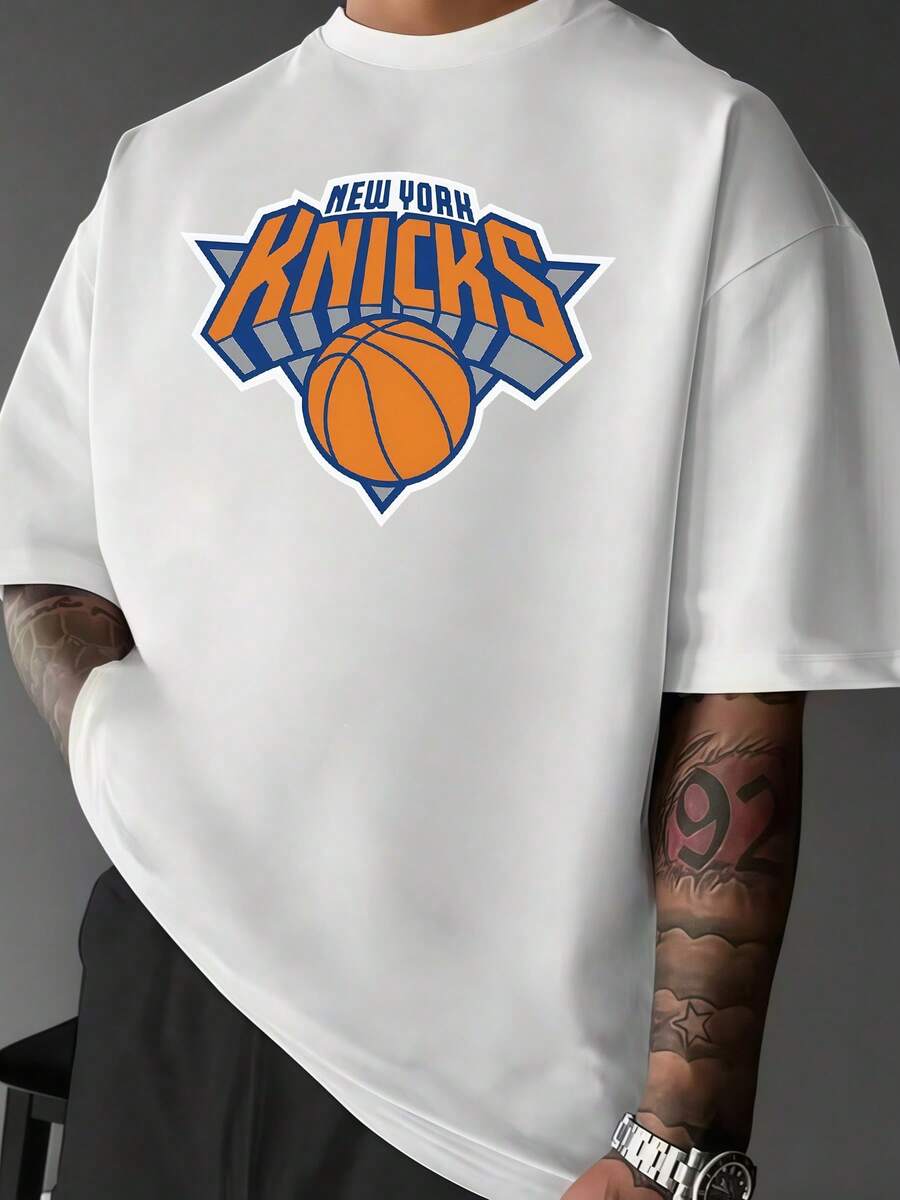 1Pcs New York Knicks Basketball Print Men's T Shirt Casual Sports Theme 100% Cotton TShirt Men's Summer Simple Style Tee Gift For Men - 白色 - 查看 1