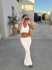 Vivid Style Women's Elegant Vacation, Party, Birthday, Versatile, Hollow Sexy, Fashion, Romantic Tie-Up Beach Knit Maxi Dress Set, Date Outfit, Summer Maxi Dress - Apricot - View 3