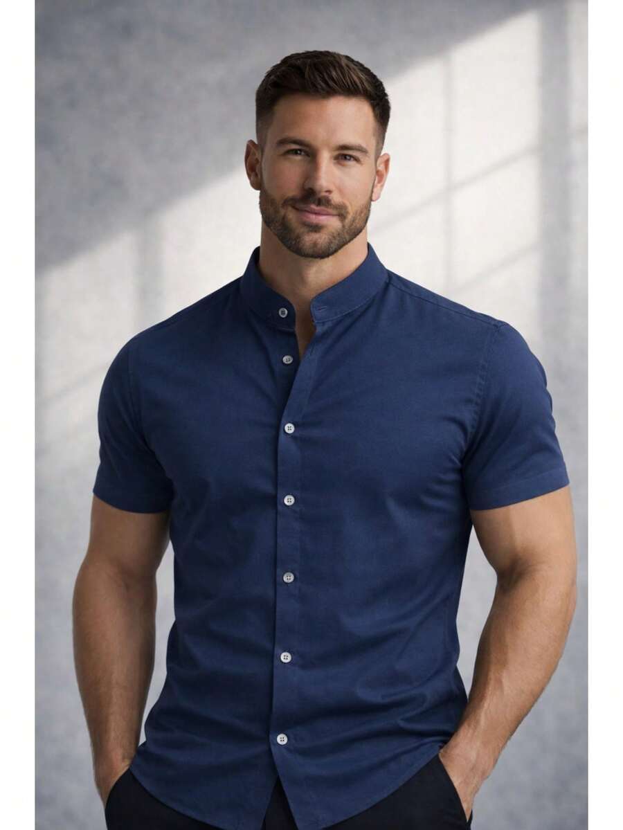 Men's Henley Collar Mandarin Shirt With 3 Buttons, Premium Polo Shirt With Portuguese Collar. - Màu xanh hải quân - Xem 1