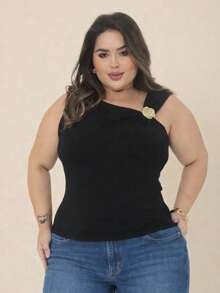 Plus Size Tank Top With Buckle - Women's Plus Size - Comfortable, Casual, Elegant - Fashion Blogger Style - Summer 2026 - 黑色 2 - 查看 2