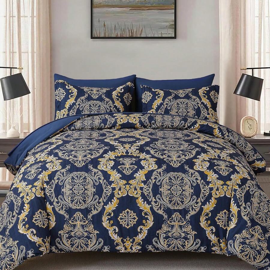 7 Pieces Paisley Comforter Set Queen King Bed In A Bag Comforter, Blue Gold Boho Paisley Pattern Bedding Soft Microfiber Queen Size Comforter With Sheet & Pillowcase,Wedding Items,Valentines Day Home Bed Room Decor,Easter Gifts,All Season - 藍金 - 查看 1