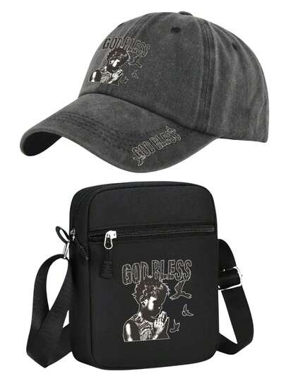 1 pièce/2 pièces Casquette de baseball et sac imprimés avec design vintage "QUE DIEU BÉNISSE", réglable, mode streetwear personnalisée, convient pour le travail, les déplacements, le campus, les sports de plein air, les voyages, les tenues décontractées, cadeau pour soi ou pour les amis