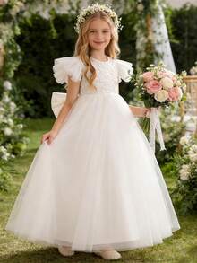 少女白色蝴蝶结短袖派对礼服，优雅公主裙，适合女孩生日派对、婚礼、花童、舞会等场合。 - 白色 - 查看 1