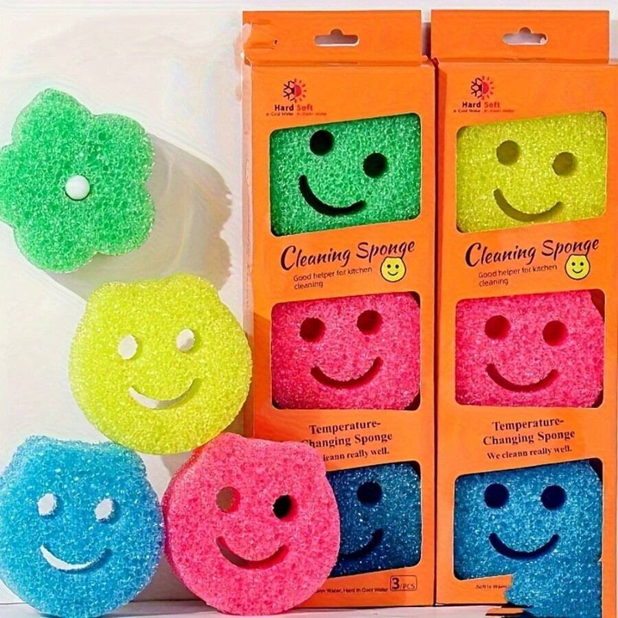 3/4pcs Set Thick Multi-Color Smiling Face Sponges, Random Colors (Pink, Yellow, Green, Blue), Multi-Purpose Cleaning Sponges, Suitable For Dishes, Pots, Sinks, Countertops, Practical Household Cleaning Essentials