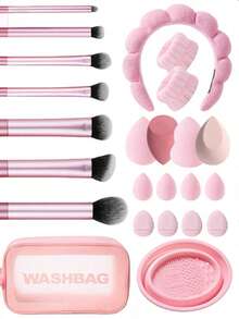 24件套粉色套装，包含：7支化妆刷、4个迷你水滴美妆蛋、4个拇指型粉扑、4个不同形状的美妆蛋、2个柔软卸妆腕带、1个化妆海绵发带、1个可折叠化妆刷清洁器、1个大容量化妆工具收纳袋 - 彩色 - 查看 1