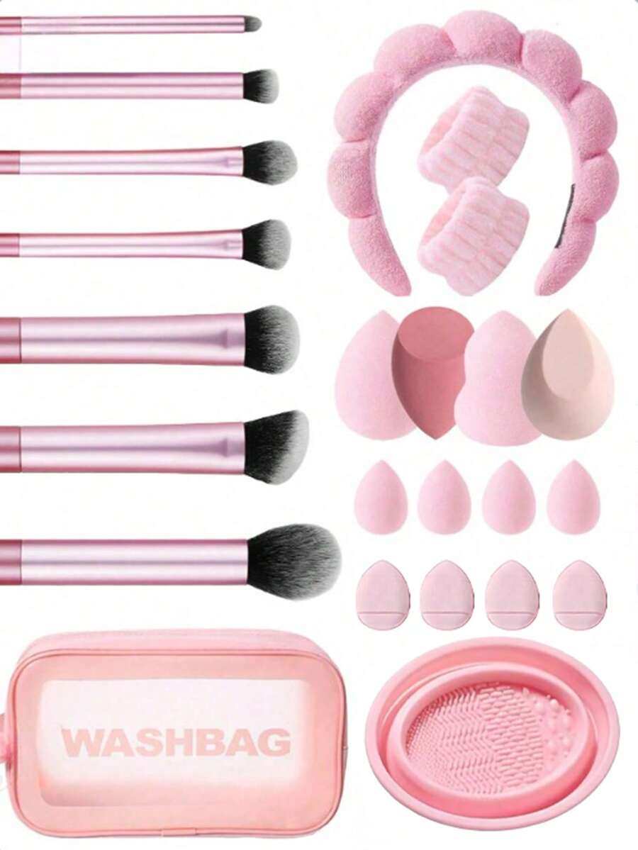 24件套粉色套装，包含：7支化妆刷、4个迷你水滴美妆蛋、4个拇指型粉扑、4个不同形状的美妆蛋、2个柔软卸妆腕带、1个化妆海绵发带、1个可折叠化妆刷清洁器、1个大容量化妆工具收纳袋 - 彩色 - 查看 1