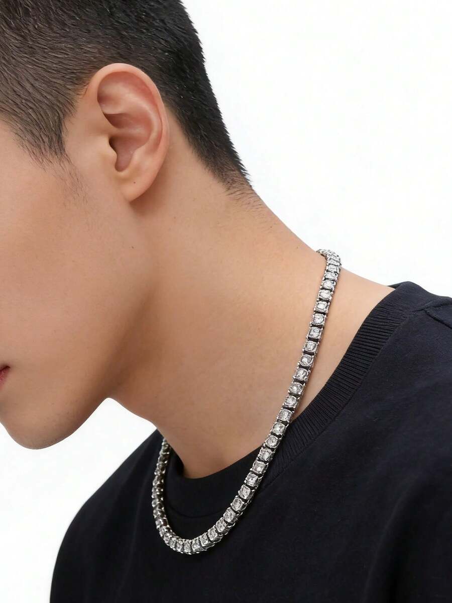 1件套水钻立方体朋克风男女通用项链手链套装，休闲日常佩戴 - 銀色 - 查看 1