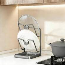 1pc Stainless Steel Kitchen Pot Lid Storage Rack, Cooking Pot Lid Holder With Detachable Tray And Spoon Rest, Waterproof And Rust-Proof - Multicolor - View 3