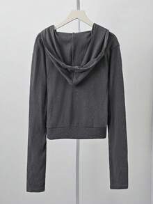 Cross V-Neck Long Sleeve Hoodie T-Shirt, Fitted & Slimming, Zipper Front - Grey - View 7