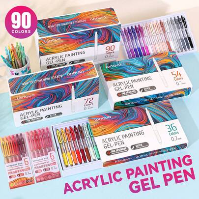 丙烯颜料笔套装，带按钮，玻璃水杯图案，6/36/54/72/90色可选，高精度0.7mm不锈钢笔尖，出墨流畅，便携式按钮设计，高性价比大容量单卡组合装，适用于艺术绘画、动漫、漫画、玻璃、纸张、木材、杯子等多种材质的绘画，具有强烈的3D效果。