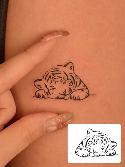 1pc Fashionable Washable Cute Tiger Pattern Temporary Tattoo, Waterproof & Long-Lasting, Black & White Line Art Design, Adorable Arm/Waist/Abdomen Fake Tattoo Decor