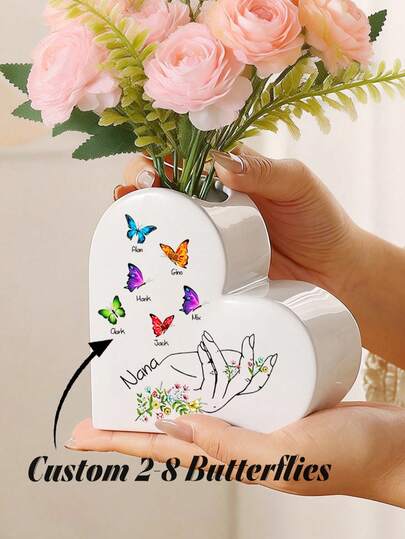 1pc Customized Garden Vase For Mom, Customize 2-8 Names, Ceramic Heart-Shaped Vase, Personalized Vase For Mom/Grandma, Mother's Day Customized Gift, Ceramic Floral Vase Gift For Mom, Grandma, Mother's Day Gift, Grandchild's Gift, Ceramic Planter, Gift For Her