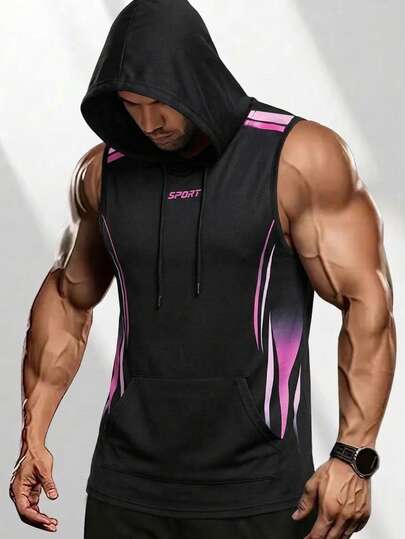 男士黑粉渐变无袖上衣，男士连帽卫衣，男士背心，男士抽绳连帽无袖衬衫，男士运动背心，速干透气带口袋设计，适合健身训练运动，男友风美式休闲套装