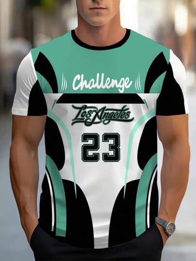 男士洛杉矶挑战赛23号图案T恤 - 蓝绿色和黑色运动球衣设计，微弹圆领短袖，休闲运动服，适合球迷和日常穿着（可机洗） - 洛杉矶主题活动和致敬服装的理想之选