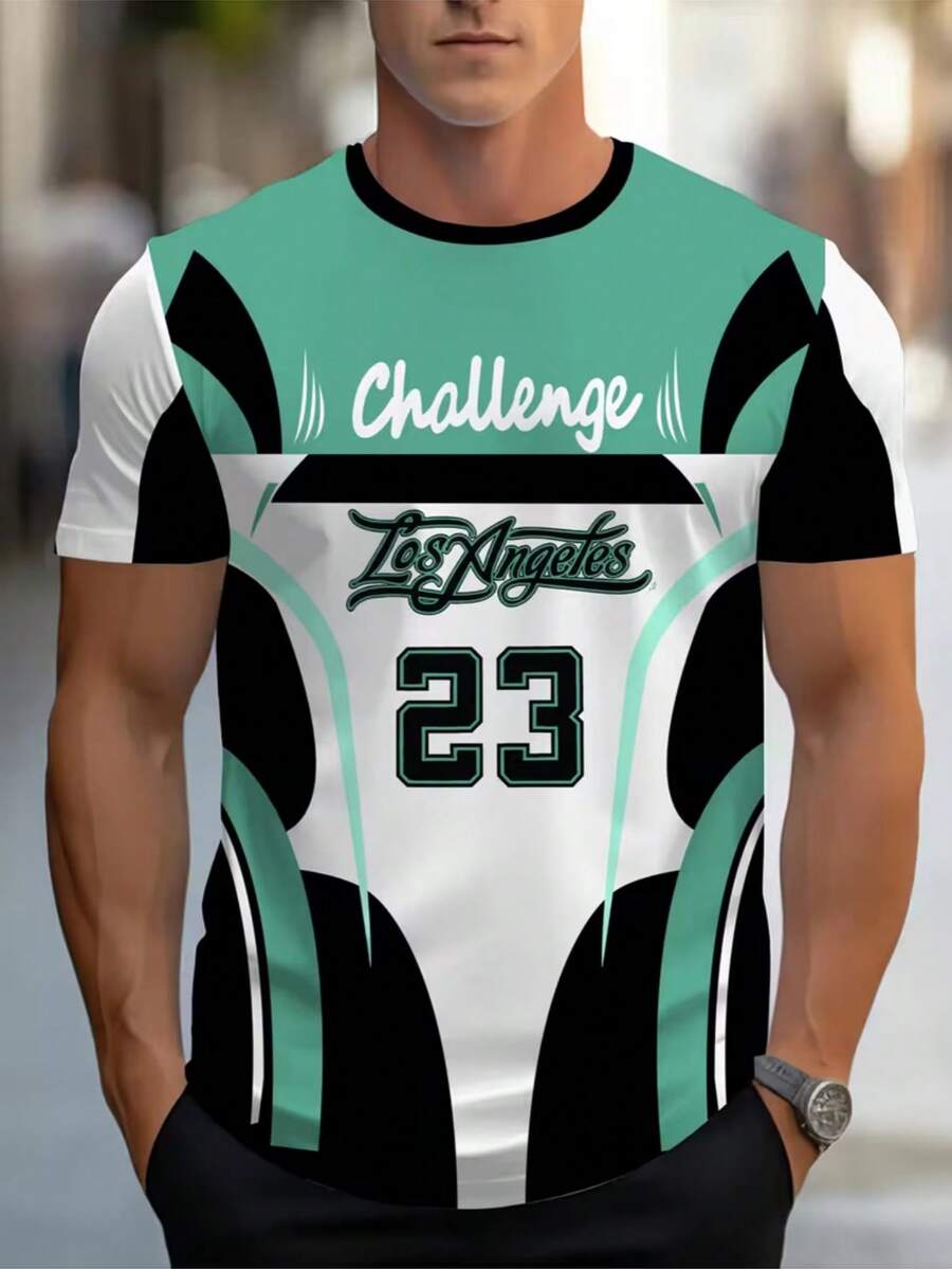 Men's Los Angeles Challenge 23 Graphic T-Shirt, Emerald Green & Black Sports Jersey Design, Stretchy Crew Neck Short Sleeve Casual Sportswear Suitable For Fans And Daily Wear - Multicolor - View 1