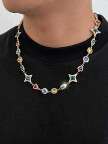 1pc Vintage Luxurious Multi-Color Geometric Crystal Necklace, Men's Personalized Geometric Chain Necklace, Daily Party Outfit Accessory, Couples Necklace, Holiday Gift - 星形水鑽項鍊 - 查看 13