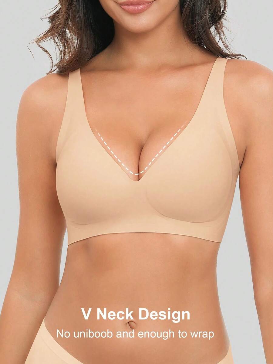 Women's Deep V Push-Up Wire-Free Jelly Bra Set, Comfortable And Soft Women's Fashion Bra, Deep V Seamless Bra, Leopard Print Sexy Women's Lingerie - 杏色 - 查看 1