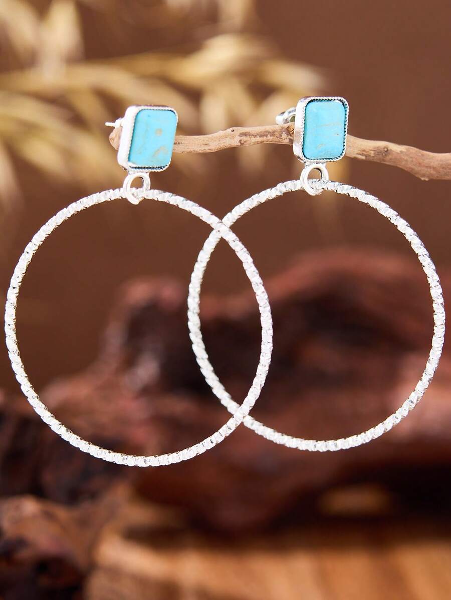 MONLOTTI Western Large Circle Turquoise Alloy Earrings, Retro Bohemian Style Pendant Earrings, Suitable For Women With Denim To Wear On Any Occasion, Ladies' Gift - Multicolor - View 1
