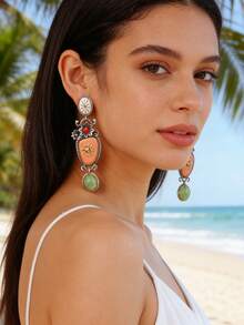 ZA Women's Multi-Layered Floral Gemstone Dangle Earrings | Antiqued Silver Tone Bohemian Easter Gift Beach Party Statement Jewelry - Flower - View 6