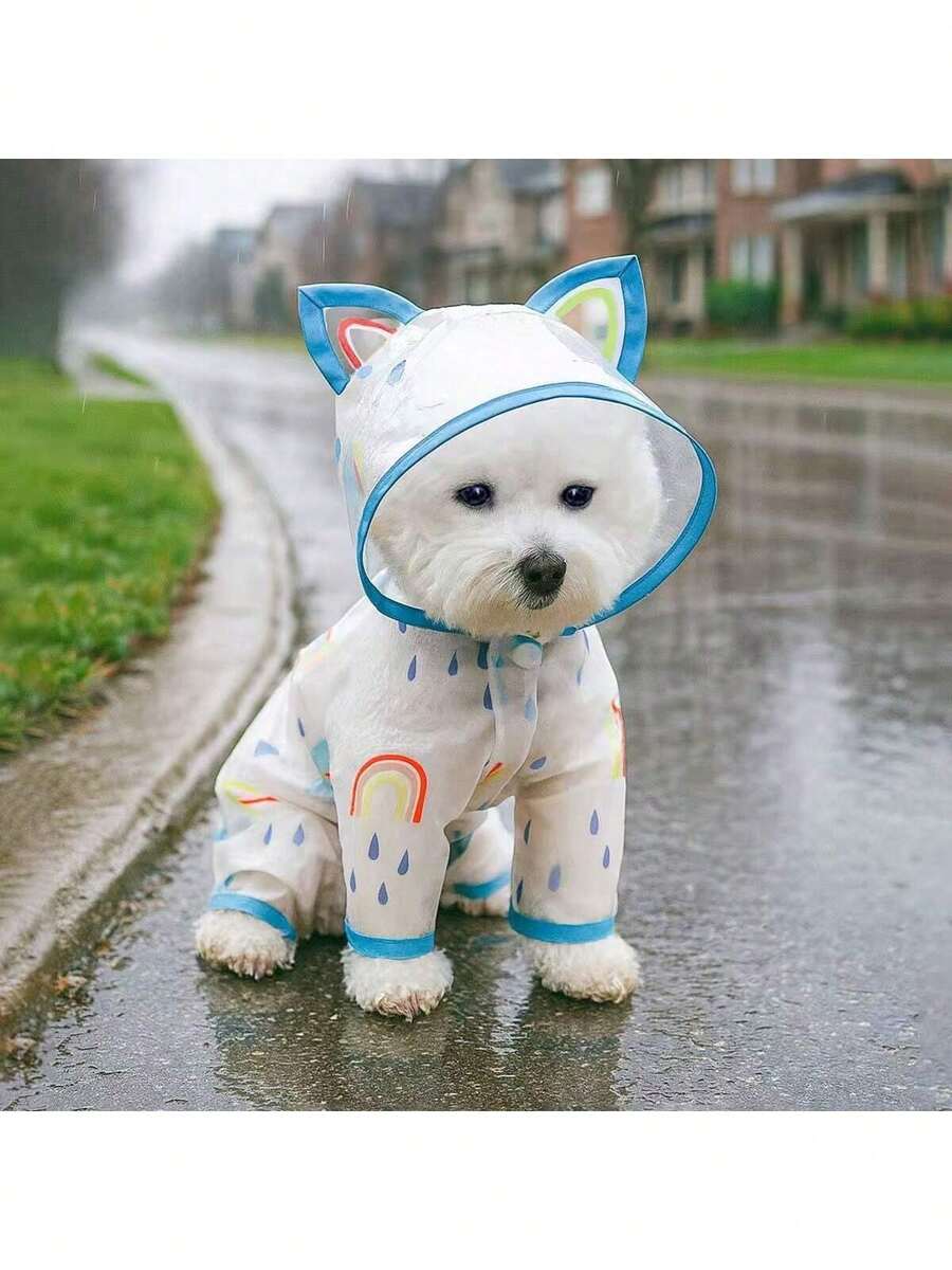 1pc Pet Transparent Raincoat With Rainbow Print - Blue - View 1