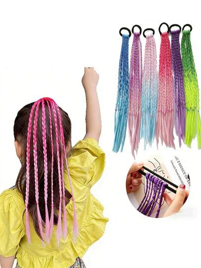 Sweet & Cool Girl Dopamine Ombre Braided Wig Hair Scrunchie, Student Stage Styling Tool Colorful Braid Wig Headpiece, Slouchy Messy Braid Ombre Wig Hair Tie
