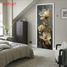 1/2 pièce Autocollant de porte, décoration de porte auto-adhésive et amovible, art floral de magnolia, ornement de feuille d'or, design floral élégant, autocollant mural, décoration de maison, salon, chambre à coucher, entrée, facile à appliquer et à décoller, plat 2D. - Style 1 - Voir 5