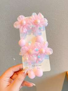 2pcs Girls' Pink Flower & Pom Pom Hair Scrunchies, Cute Everyday Use - Multicolor - View 16