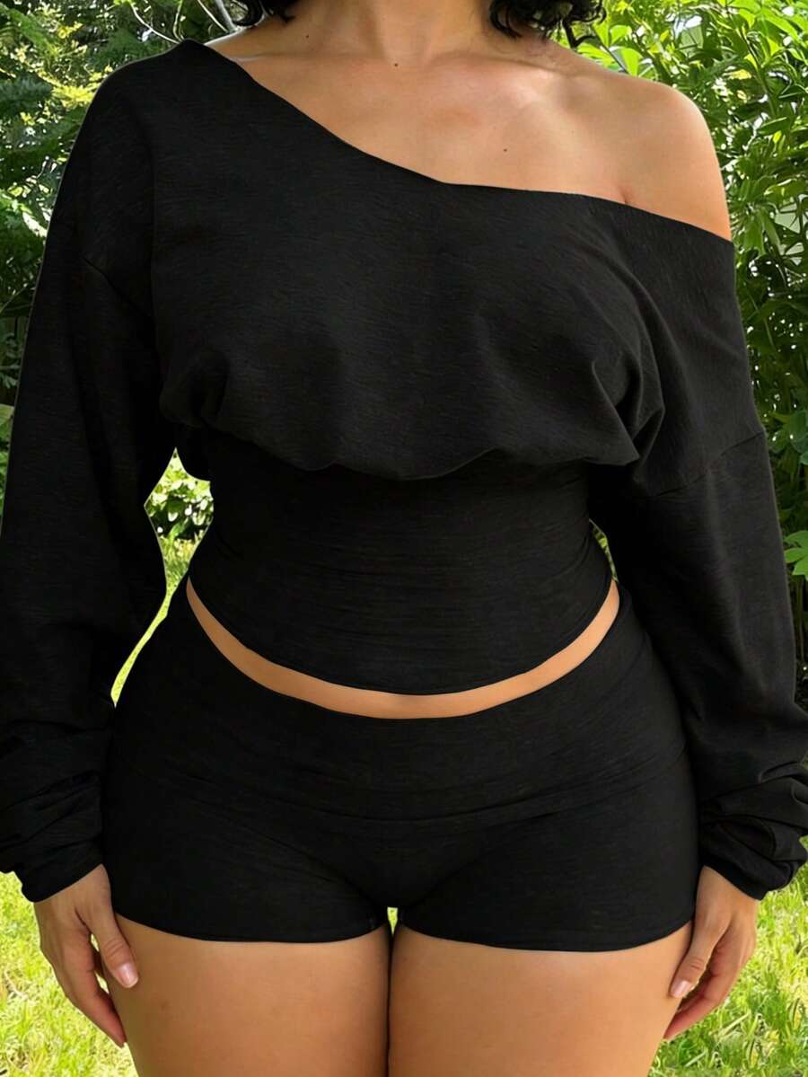 大码女装两件套,短裤和长袖上衣,休闲运动街头服饰 - 黑色 - 查看 1