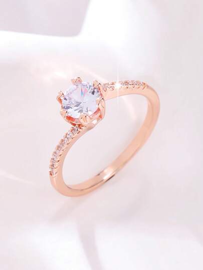 1pc Elegant Classic Sparkling Round Cubic Zirconia Ring For Women, Twisted Shank Design, Ideal For Engagement, Wedding, Valentine's Day, Mother's Day, Anniversary