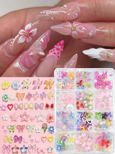 1盒春季花卉美甲饰品树脂3D美甲装饰，可爱粉色樱花蝴蝶爱心蝴蝶结星星美甲宝石，适合亚克力美甲DIY美甲设计，适合女性女孩春季复活节美甲