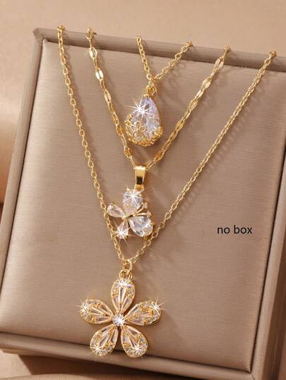 GEREIT 3pcs Set Minimalist Copper Zirconia Stone Flower, Sun, Square Zirconia, Butterfly Pendant Necklace Set, Suitable For Women Friends To Wear On Holidays And Parties